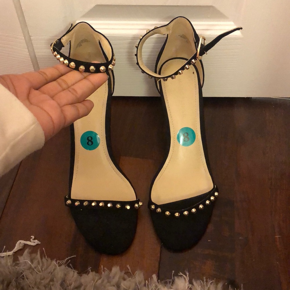 Open toe black gold studded heels